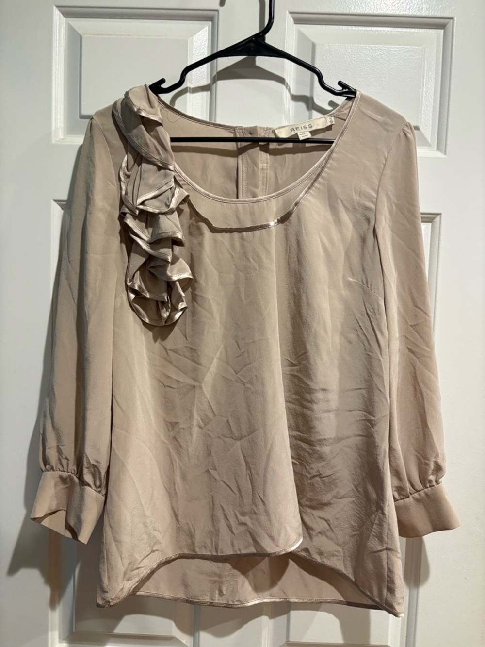 Reiss silk blouse top ruffle long sleeve beige sz 10 M romantic boho
